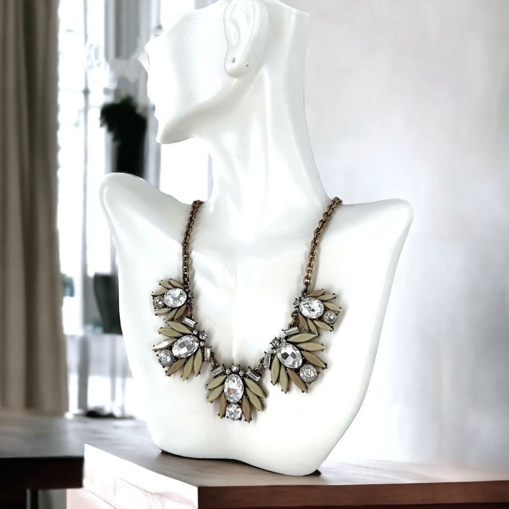 J Crew Beige/Taupe Stone and Crystal Gold Chain Statement Necklace